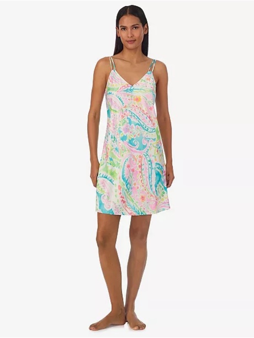 Lauren Ralph Lauren Double Strap V-Neck Chemise Slip Dress Pastel Paisley Medium